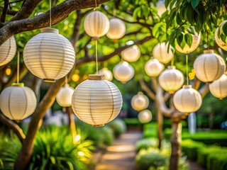 Obraz premium Close-up Thai White Paper Lanterns Hanging in Garden Tree, High Depth of Field