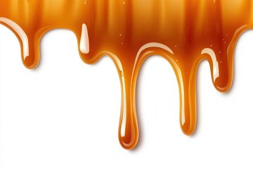 Melted Caramel Sauce Drips Isolated on White Background.