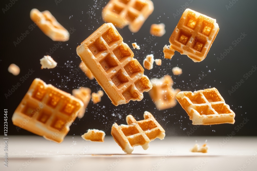 Poster close up of waffles that are falling apart. the waffles are in various stages of breaking apart, wit