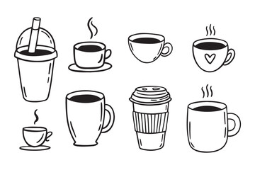 Coffee cups doodle set. coffee cup hand drawn line signs. Outline coffee cups