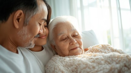 Sunlit Family Moment in Soft Textures Multi-Generational Palliative Care and Emotional Support - Authentic Home Comfort Solutions for Health and Wellness Branding