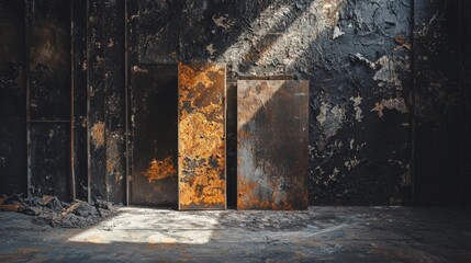 Abandoned industrial space with textured walls and light beams