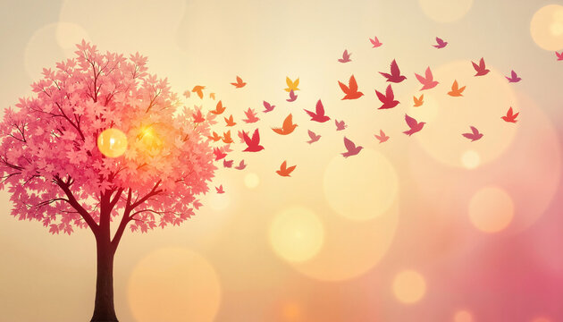 Heart-shaped tree with glowing birds spreading kindness