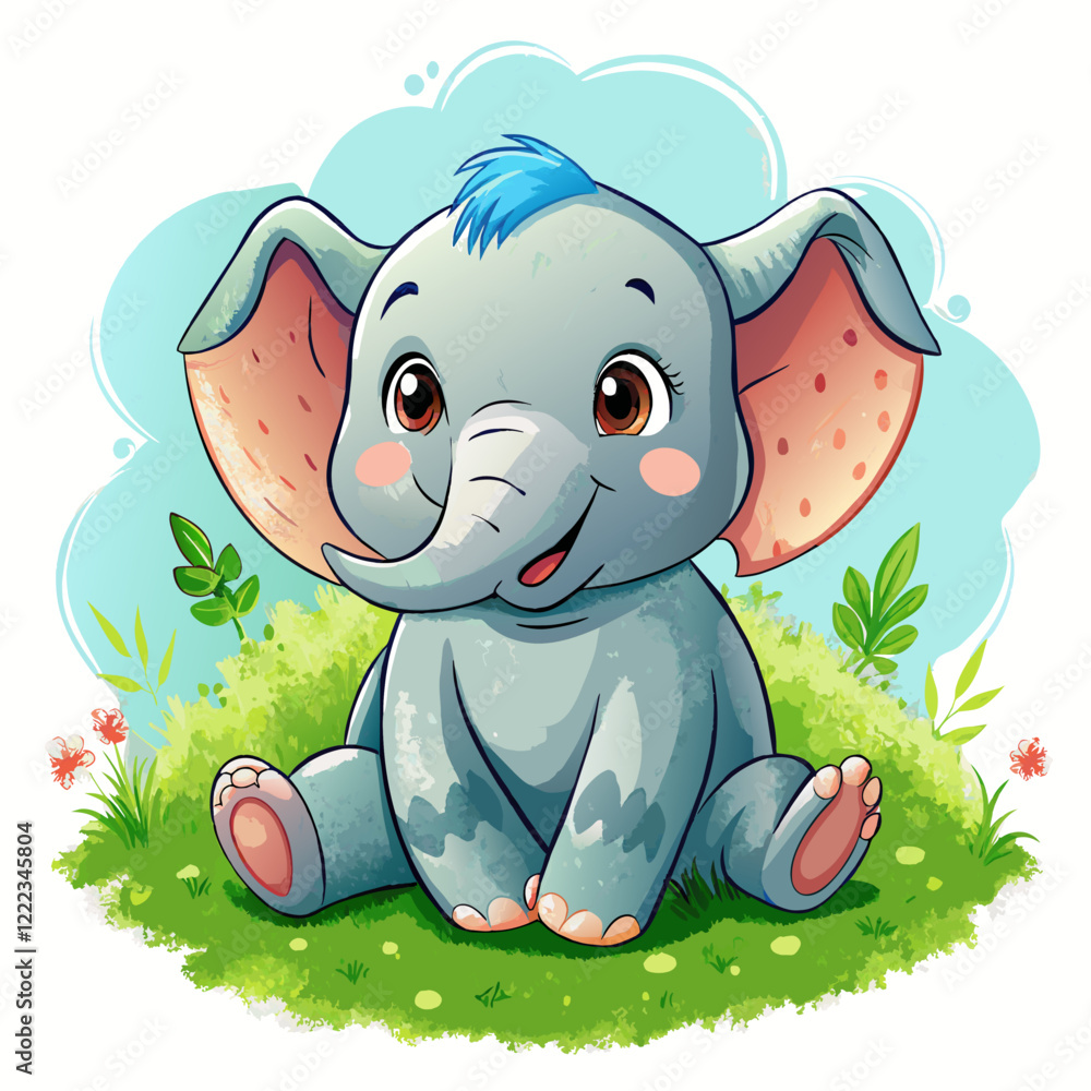 Wall mural vector illustration of a baby elephant on the grass on white background - generative ai