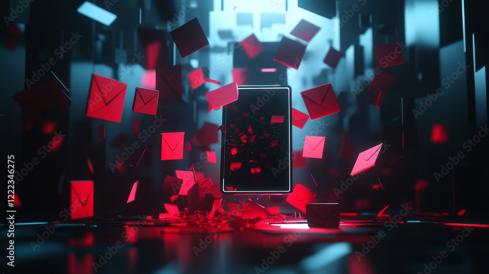Poster spam isometric landing page with letter envelopes on smartphone screen. electronic email service mes