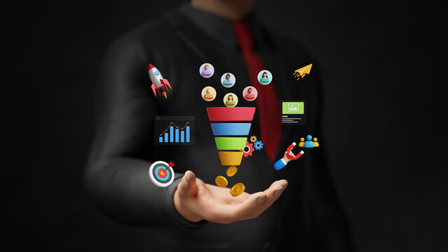 Lead generation, CRO, conversion rate optimization. Convert audience into sales. Inbound marketing strategy. Businessman holding marketing funnel attracting audience on virtual screen. 3D illustration