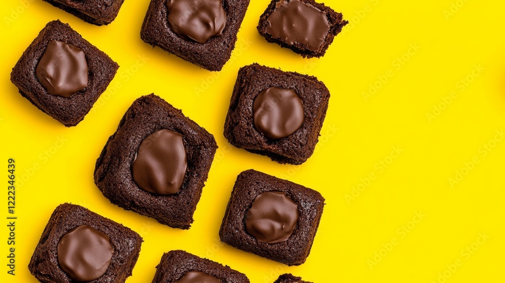 Poster row of brownies with chocolate chips on top. the brownies are arranged in a square pattern