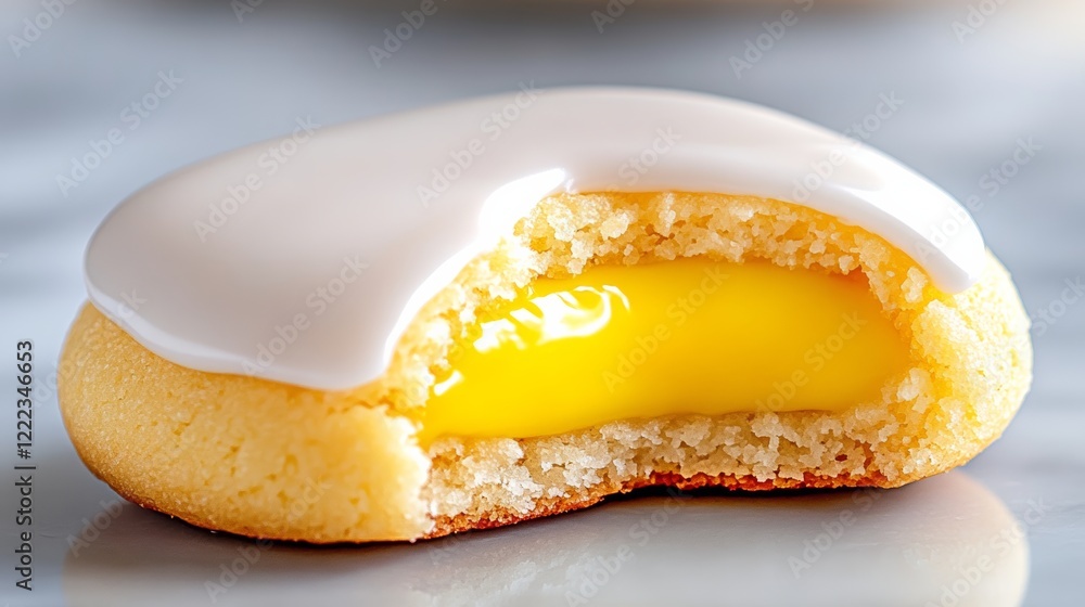 Poster cookie with a yellow filling is shown with a bite taken out of it. the cookie is covered in icing an