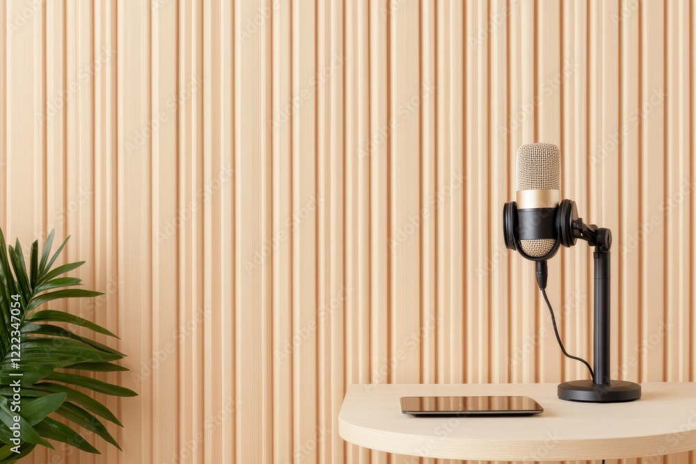 Poster modern soundproof pod clean acoustic panels with microphone and tablet - efficient workspace for dig