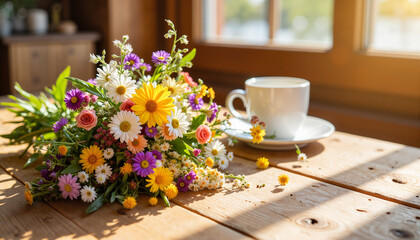 Small rustic wildflower bouquet on wooden table with warm sunlight