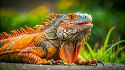 Naklejka premium Iguana Resting on Concrete Slab, Orange and Brown Reptile with Throat Fan Display