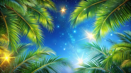 Looping Tropical Palm Tree Branches Animation, Summer Holiday Background, Bright Blue Sky, Stars, Copy Space