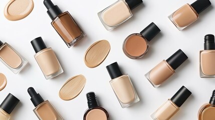Obraz premium Close-up of various shades and shapes of liquid foundation bottles with beige-colored smears on a white background, top view