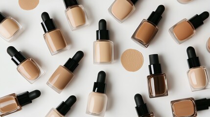 Obraz premium Close-up of various shades and shapes of liquid foundation bottles with beige-colored smears on a white background, top view