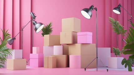 Modern studio with stacked boxes and pink lighting setup