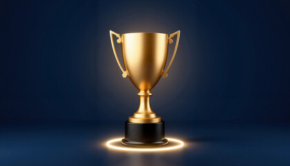 Golden trophy with smooth lines on dark blue background, glowing aura