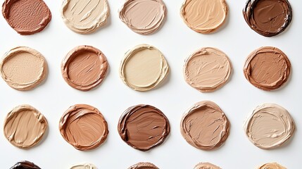 Photo of foundation liquid in different shades on a white background, top view