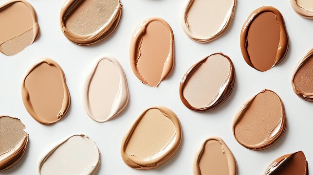 Photo of foundation liquid in different shades on a white background, top view