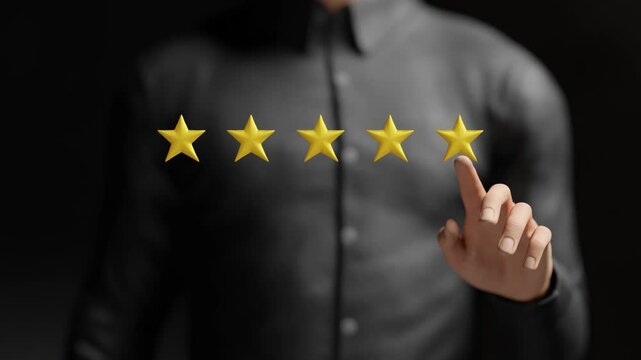 Close up of customer giving five star rating on virtual screen. Customer evaluation feedback, positive review, service rating, customer service satisfaction concept. 4K 3D video animation