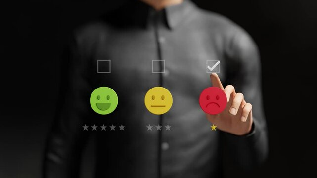 Customer dissatisfaction concept. Bad review, dislike service or negative feedback, angry 1 star review, low online rating. Unhappy man giving 1 star rating on virtual screen. 4K 3D video animation