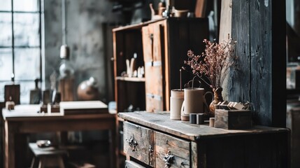 Fototapeta premium Rustic wooden workshop with crafts and tools