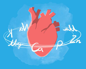 Illustration of a heart with chemical elements rotating around it in cartoon style