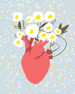 Illustration of an anatomical heart as a jug with white flowers in cartoon style