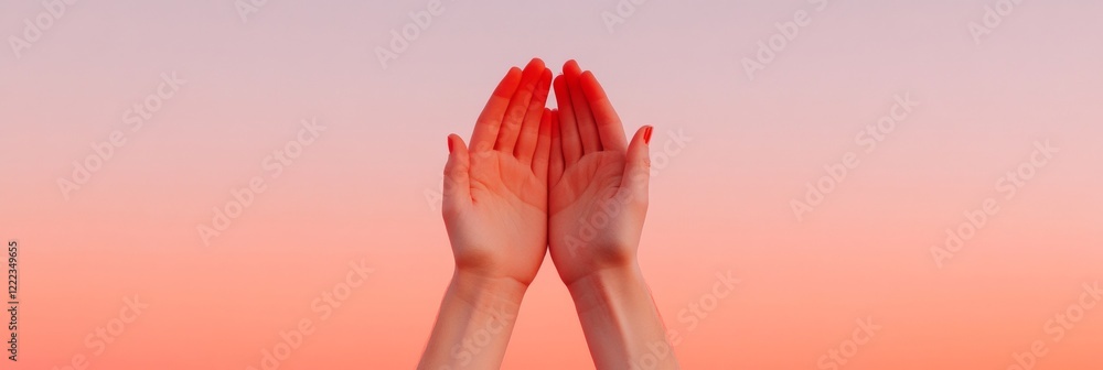 Aufkleber pastel minimalism human hands creating heart shape against gradient sunset - symbolizing unity for s
