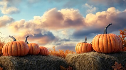 A cluster of pumpkins on hay bales under a soft cloudy autumn sky