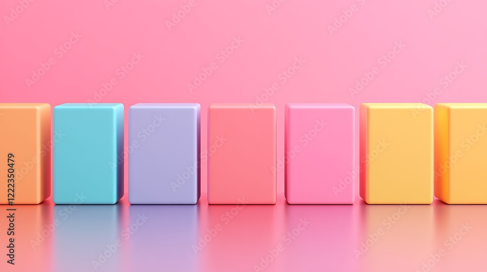 Poster colorful geometric blocks arranged in a row against a vibrant pink background for creative design an