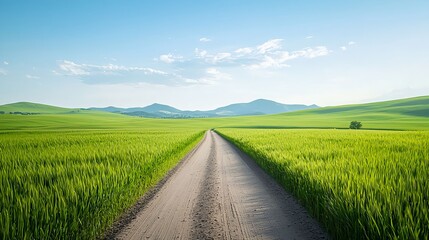 Fototapeta premium Scenic Landscape of Open Road Through Lush Green Fields and Hills