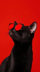 Vibrant Pop Art Cat Portrait Black Feline with Trendy Red Sunglasses on Bold Backdrop - Whimsical...