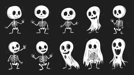 Fototapeta premium Set of Skeleton ghost . Halloween cartoon characters . Gray isolate background . Vector .