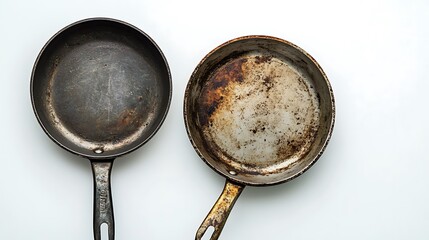 Two black nonstick frying pans are stacked on a white background, with the top one slightly angled