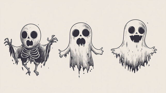 Set of Skeleton ghost . Halloween cartoon characters . Gray isolate background . Vector .