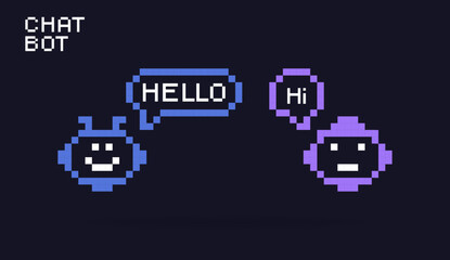Chatbot characters in pixel art style. Cute robotic characters in a retro digital style. Bot for online consultation and support service. Flat vector illustration.