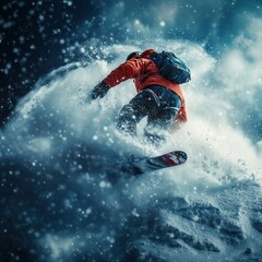 Naklejka premium Snowboarder carving through fresh powder in a breathtaking winter landscape.