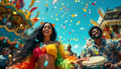 Brazilian carnival celebration featuring vibrant costumes, music and joyful dancers