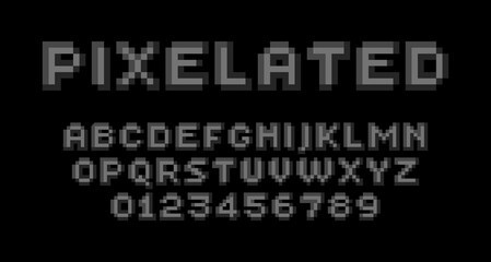 Pixel font displaying letters A-Z and numbers 0-9 in a retro, 8 bit gaming style. The font has a pixelated, monochrome look on a neutral black background. Font design for video games, digital displays