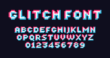 Glitch style pixel font displaying letters A-Z and numbers 0-9 in a retro, 8 bit gaming style. The font has a pixelated, monochrome look on a neutral dark blue background. Font design for video games