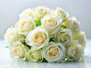 Obraz premium An elegant bouquet of white spring roses, delicately photographed, creates a soft, romantic floral image.