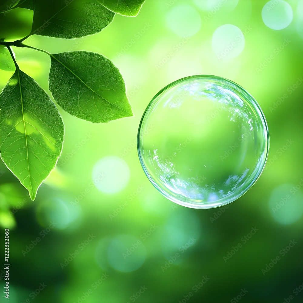 Poster leafy background with a clear bubble floating in natural environment