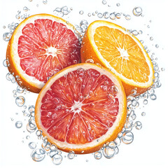 Fruit slices in sparkling water, orange and grapefruit, vector illustration with a white background.