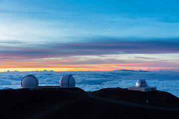 USA, Hawaii, Mauna Kea volcano, telescopes at Mauna Kea Observatories at sunset