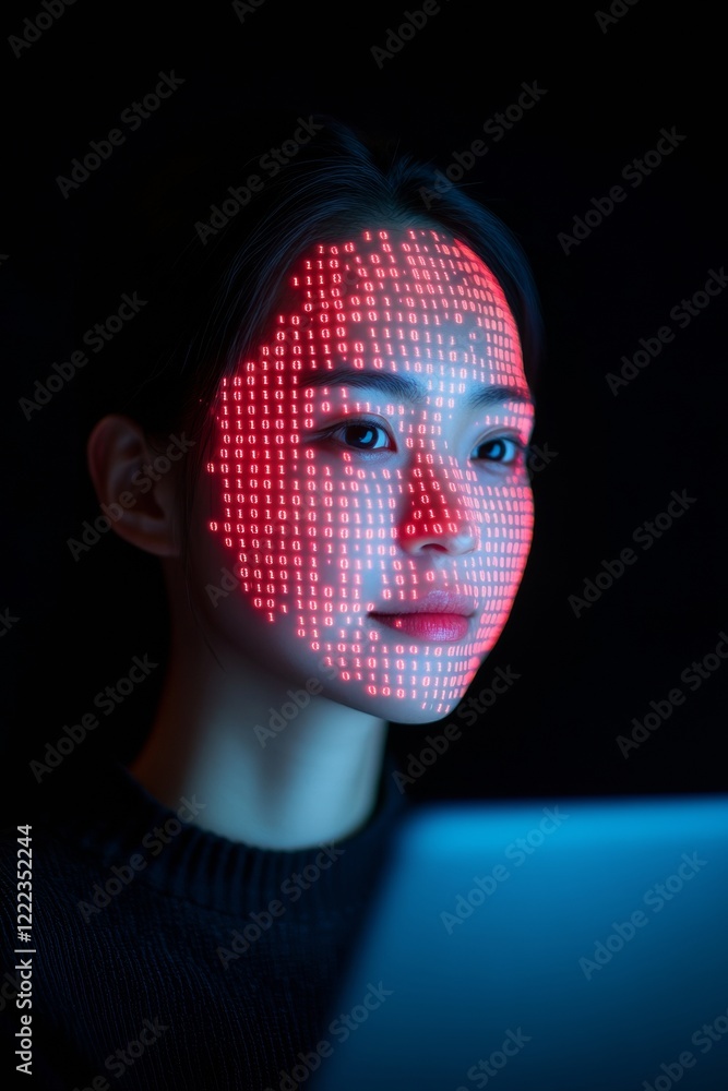 Leinwandbilder Neon Digital Vigilance Young East Asian Woman Analyzing Cyber Threats on Laptop in Dark Room - Hacking Simulation and Binary Overlay for Tech Innovation and Cybersecurity Training