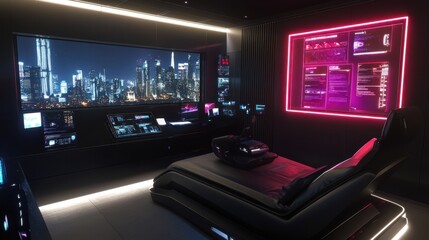 Futuristic Control Room with Cityscape View and Reclining Chair