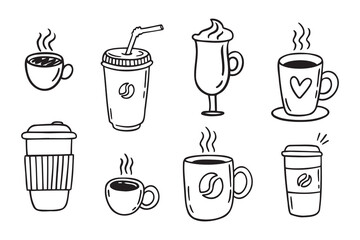 Coffee cups doodle set. coffee cup hand drawn line signs. Outline coffee cups
