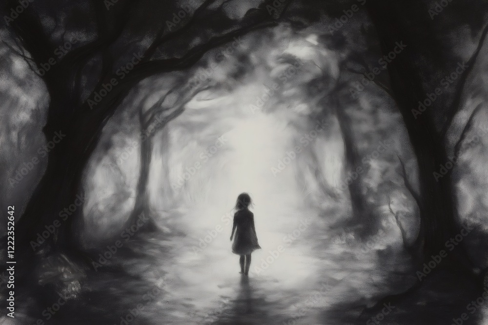 Poster charcoal drawing of a child walking on a path in a dark forest towards a bright light, creating a my