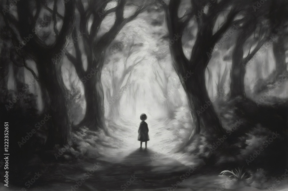 Poster charcoal drawing of a child standing on a path through a dark forest, creating a mysterious and evoc