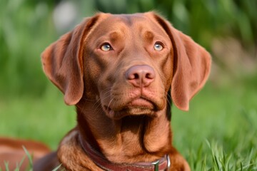 A dog resting in a sunny patch of grass, eyes half-closed, enjoying the warmth of the day in a serene backyard